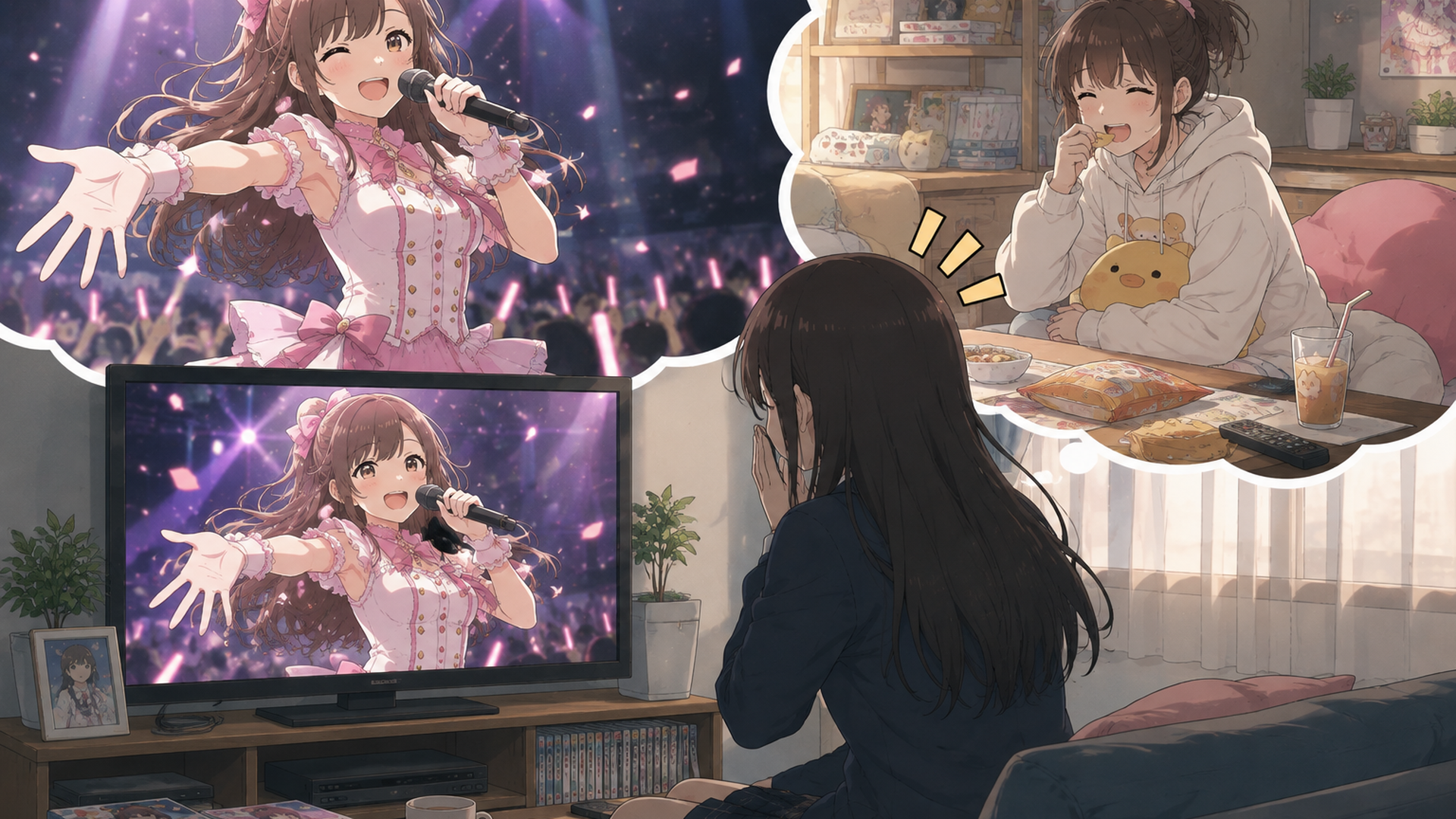 ステージ上の華やかなアイドルと自宅での素顔のギャップに驚く女子高校生