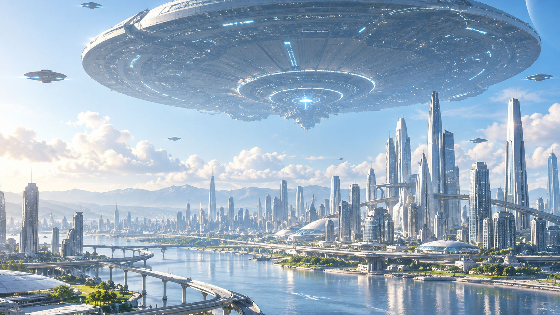 2086年の近未来都市上空に巨大な宇宙船が現れた光景