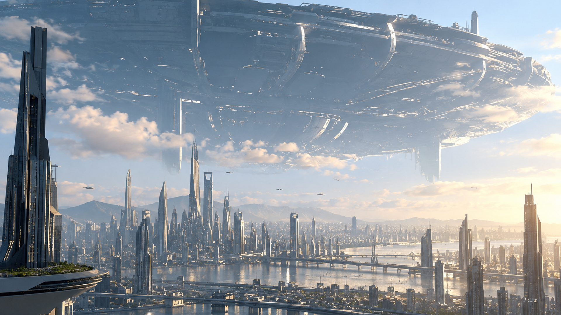 2086年の都市上空に巨大宇宙船が現れた近未来の光景