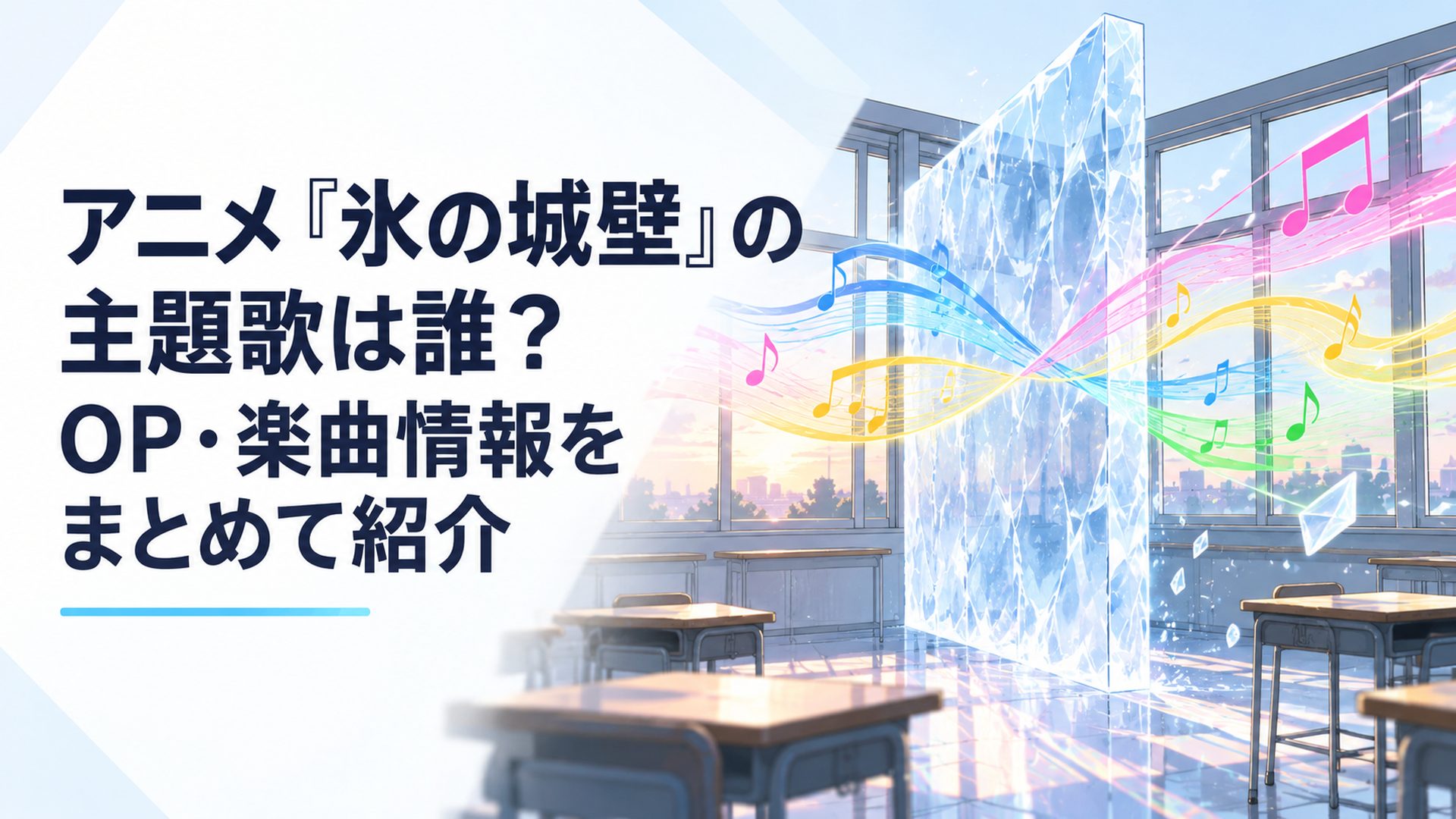 放課後の学校に透明な氷の壁が立ち4色の音の波が壁を越えて交差する青春をイメージした風景
