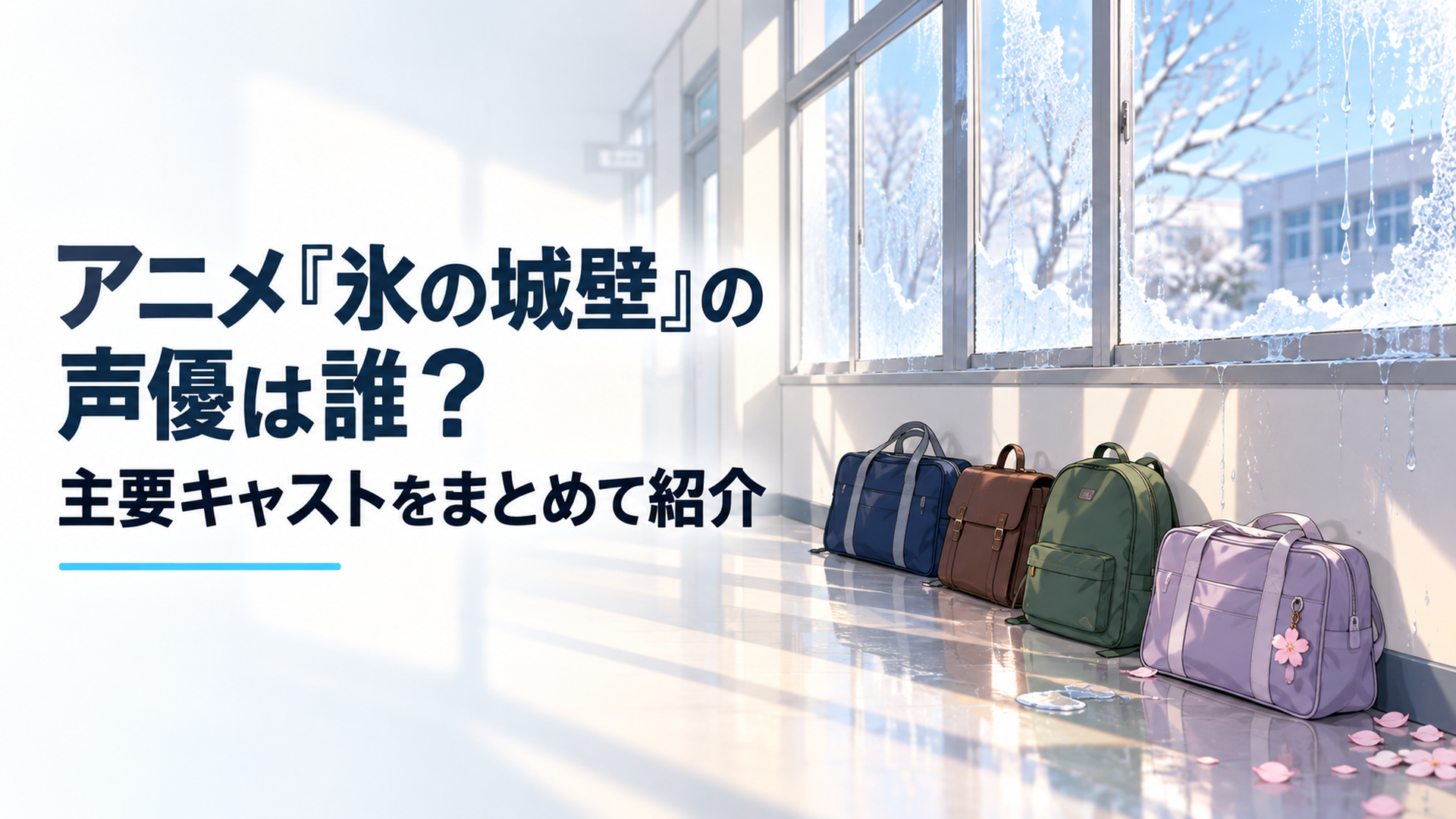 放課後の高校の廊下に四つの異なる色合いの通学鞄が置かれ、窓ガラスの薄い氷が少しずつ溶けていく青春群像劇を象徴した風景