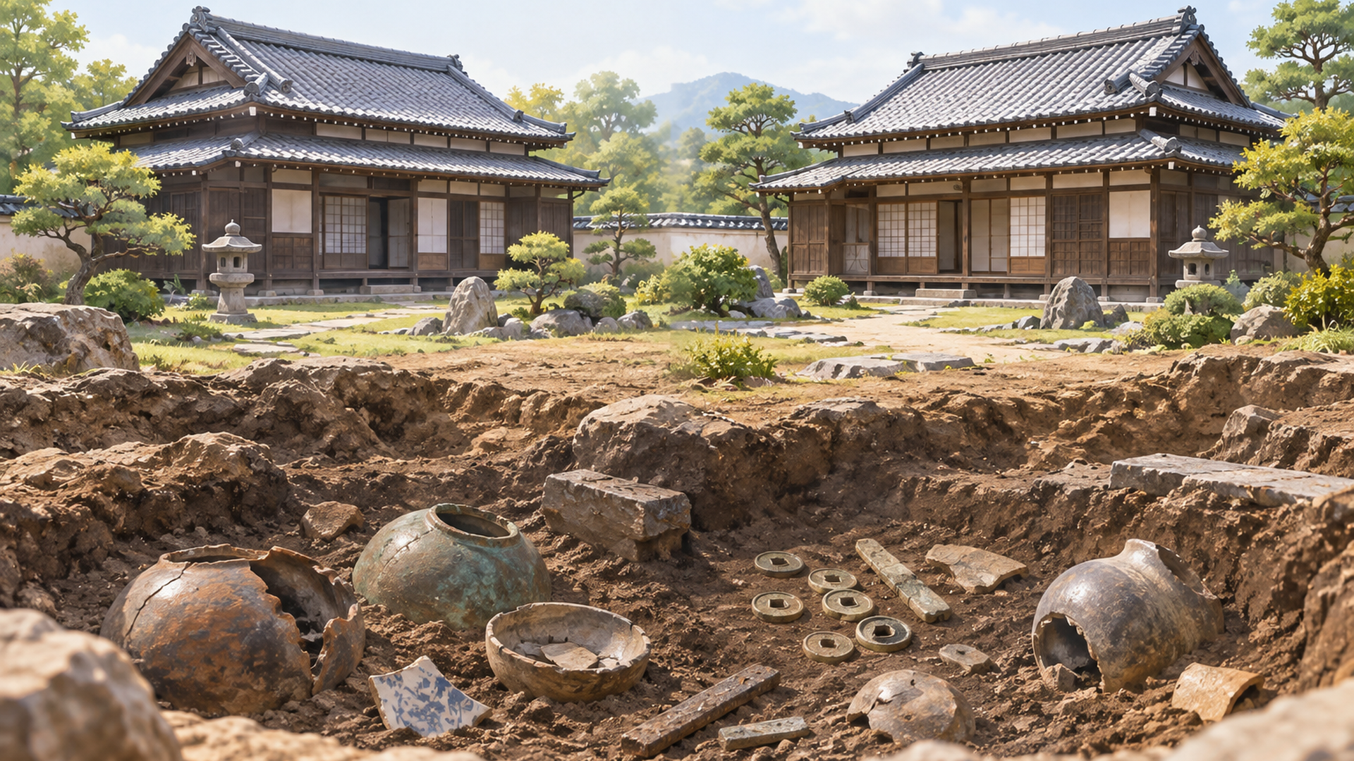 二つの似た武田邸と庭の地中から発見された複数の遺留物