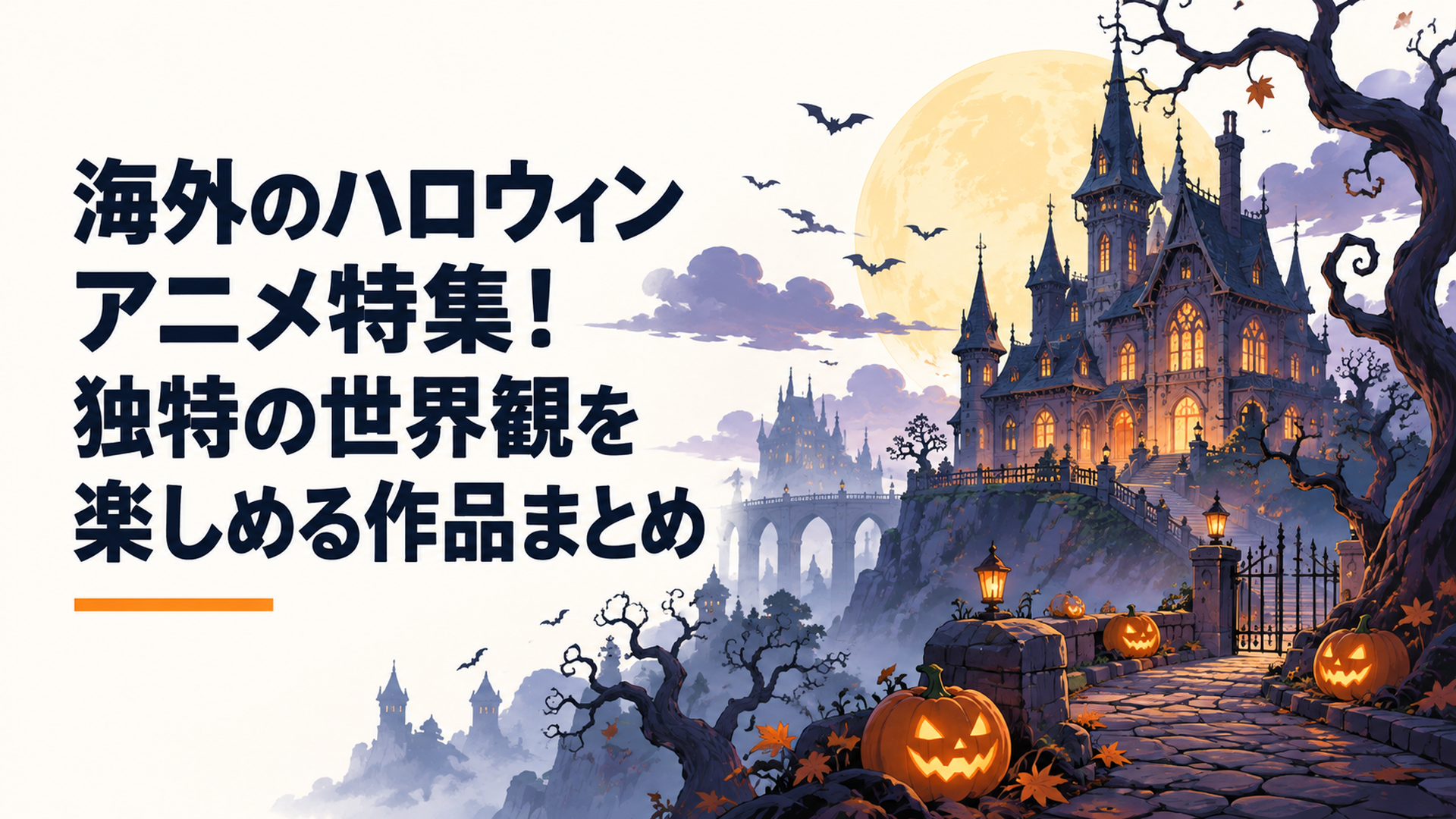 月明かりに照らされた奇妙な洋館とカボチャ、ねじれた木々が並ぶ海外ハロウィンアニメ風の幻想世界