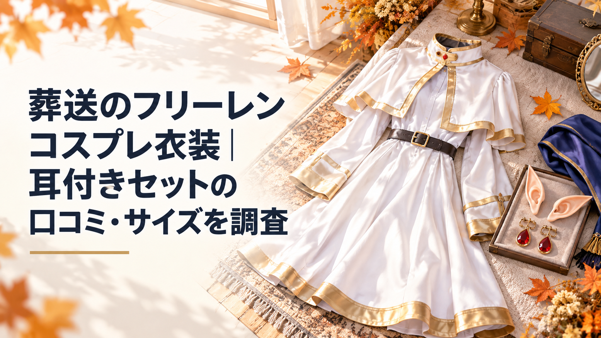 白を基調とした魔法使い風ワンピース、短いショール、細身のベルト、涙滴型イヤリング、長いエルフ風の耳の小道具を、秋のイベント準備を思わせる明るい衣装スペースに配置した情景。布地、金属、小道具それぞれの質感が分かる斜め上からの構図。人物・文字・ロゴなし
