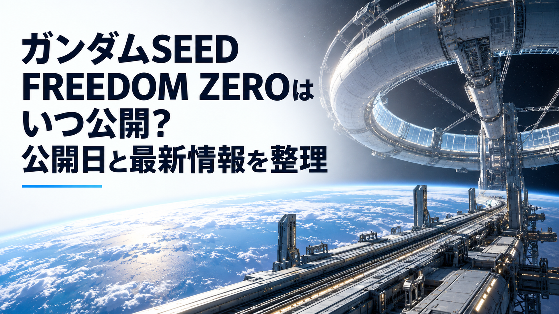 青白く輝く地球を望む宇宙空間に浮かぶ巨大なスペースコロニーと、静かに延びる無人のモビルスーツ発進レール。冷たい金属の質感と壮大な宇宙の奥行きで新作SF映画への期待を表現する。人物・ロボット本体・文字・ロゴなし。横長16対9のシネマティックな構図