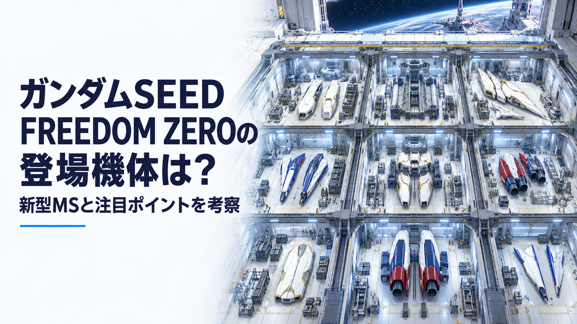 宇宙港の巨大な無人格納庫に設けられた9つの独立した整備区画、白と金の精密装甲パネル、赤と青の推進ユニット、航空機用の翼部品、整然と配置された機械設備、冷たい青白い照明、人物や人型機体や文字を描かない