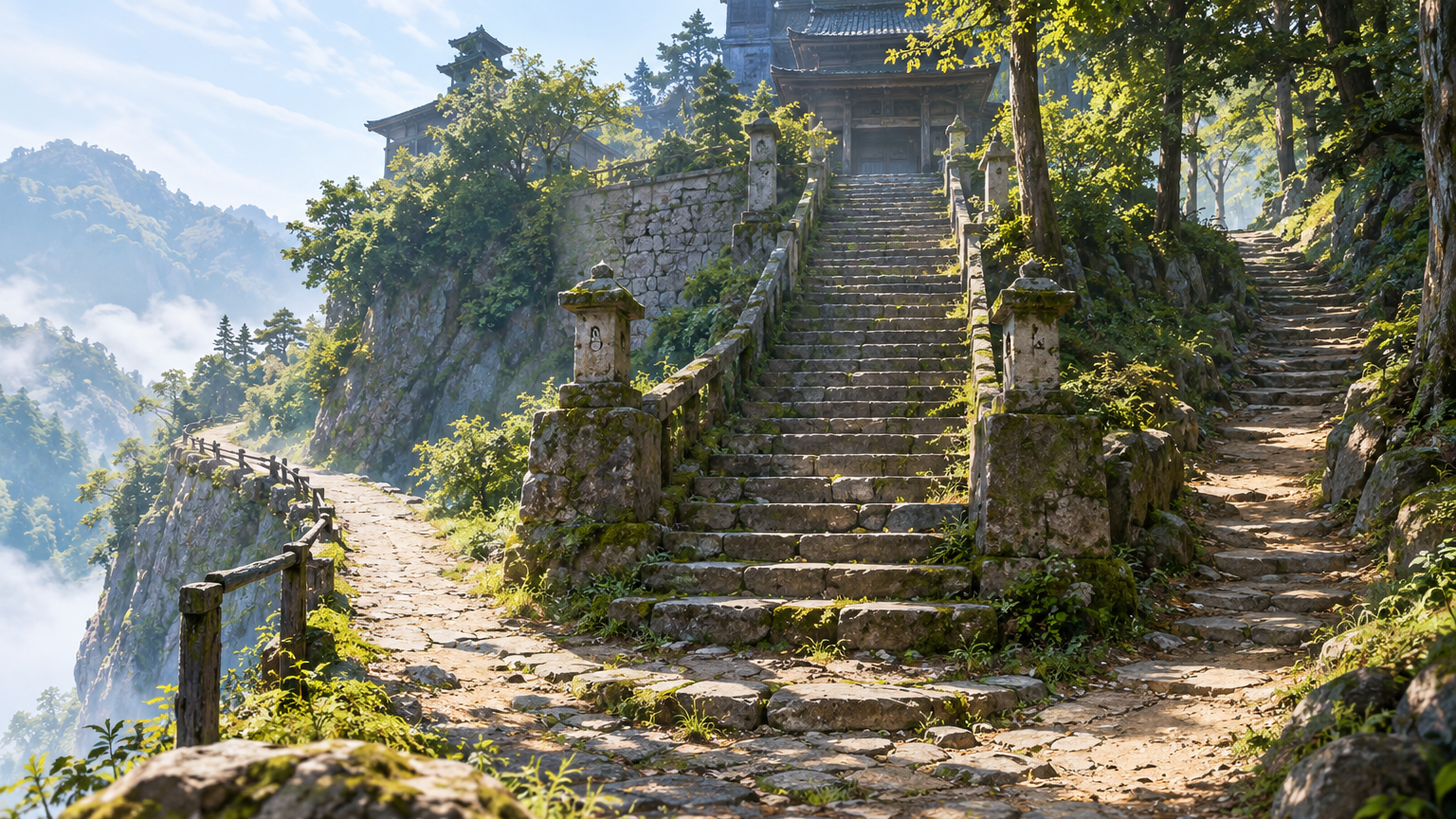 古い呪術高専の石段と二方向に分かれる山道